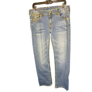 True Religion Sarah Big T Straight Leg Jeans Blue Yellow Stitch Size 31 USA